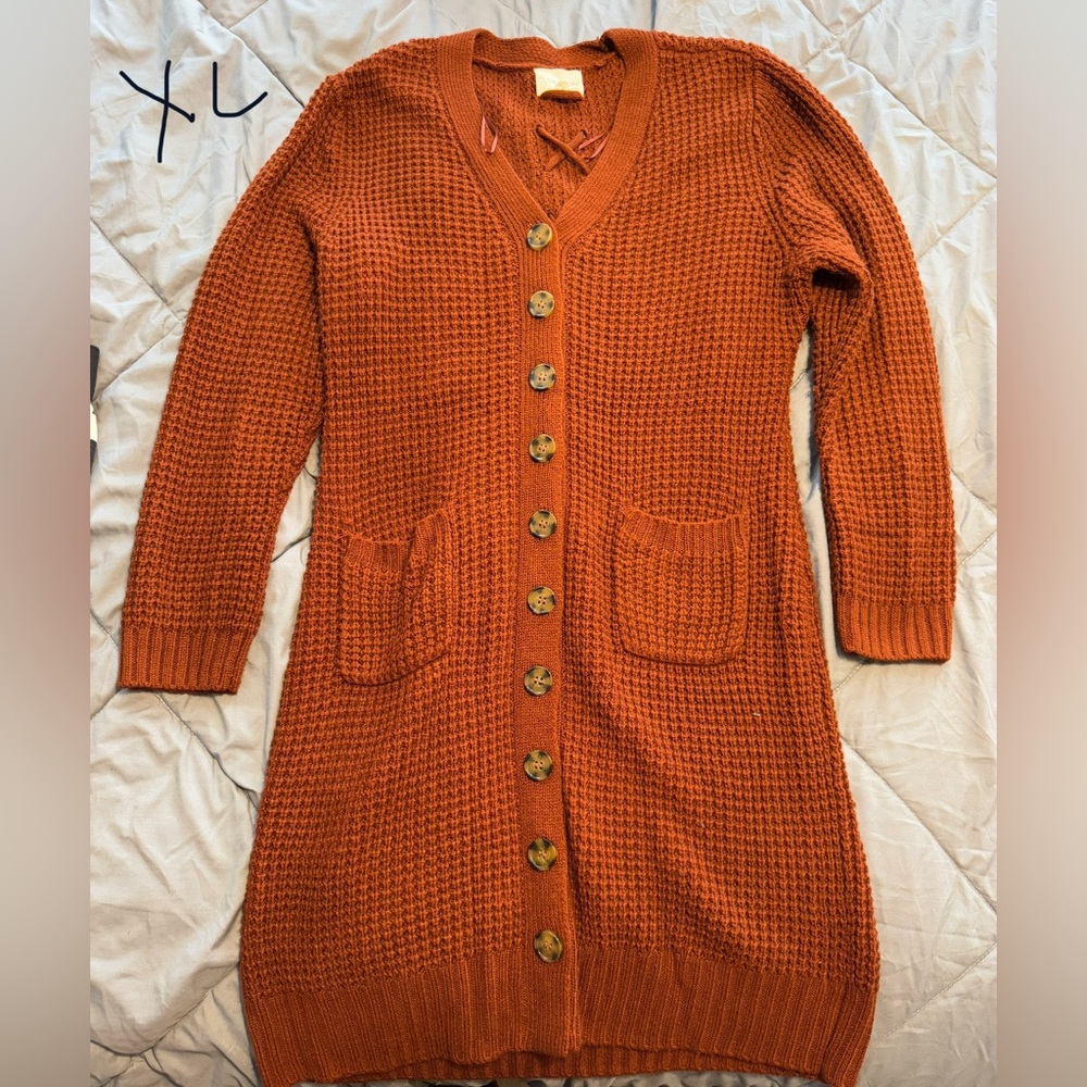 Burnt Orange Sweater Dress with buttons down the front. Size XL